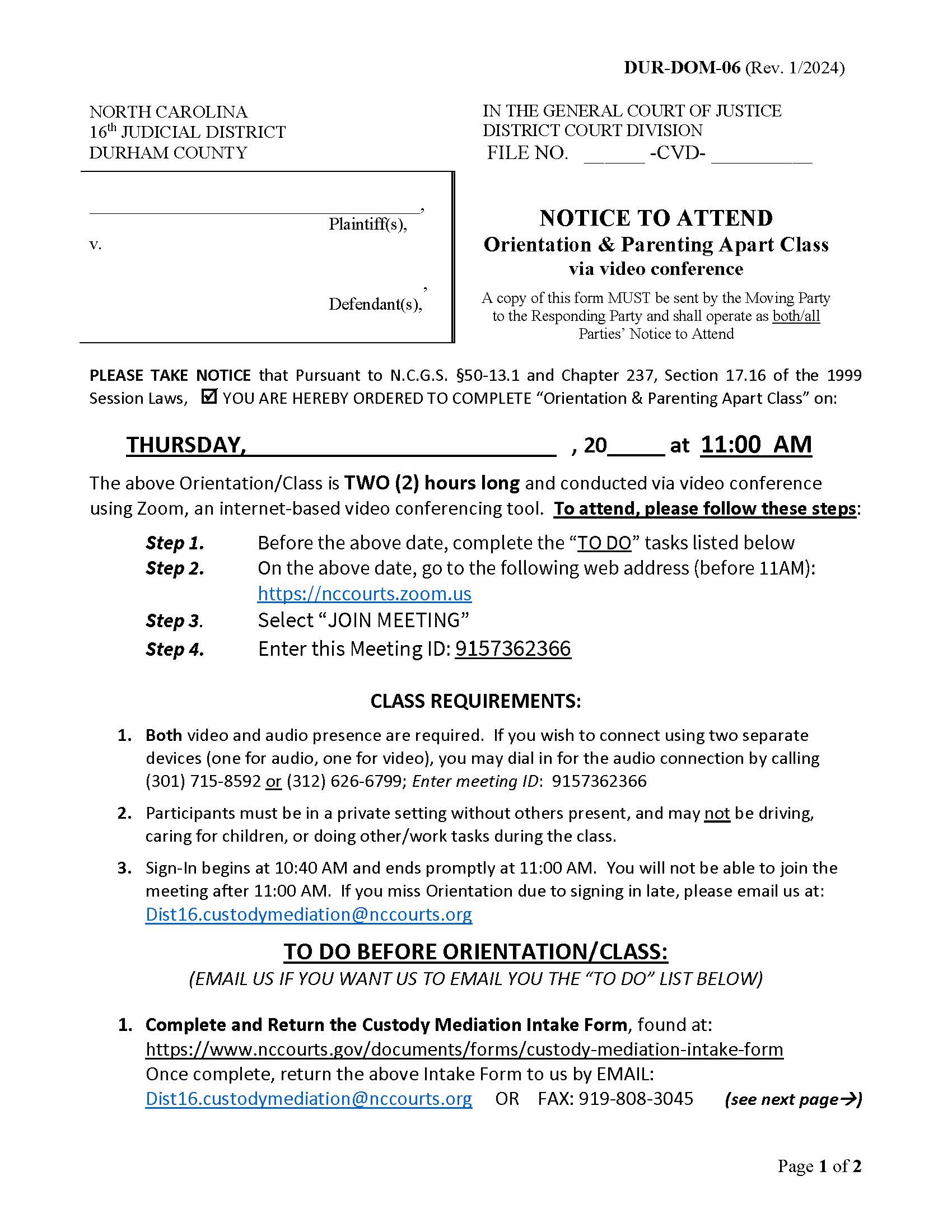 Notice To Attend Orientation And Parenting Apart Class {DUR-DOM-06} | Pdf Fpdf Docx | North Carolina