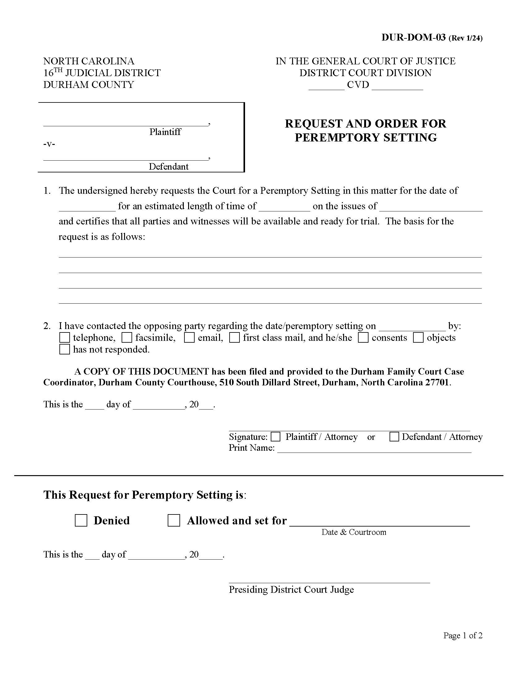 Request And Order For Peremptory Setting {DUR-DOM-03} | Pdf Fpdf Docx | North Carolina