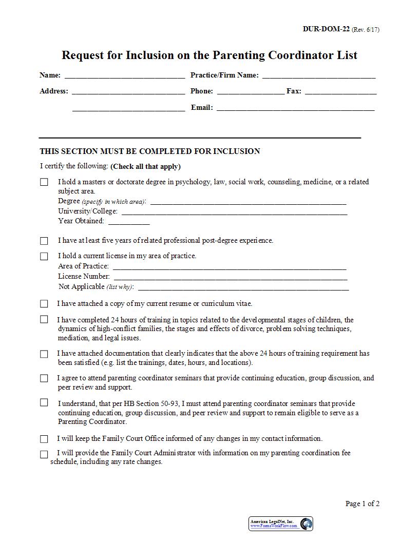Request For Inclusion On The Parenting Coordinator List {DUR-DOM-22} | Pdf Fpdf Docx | North Carolina