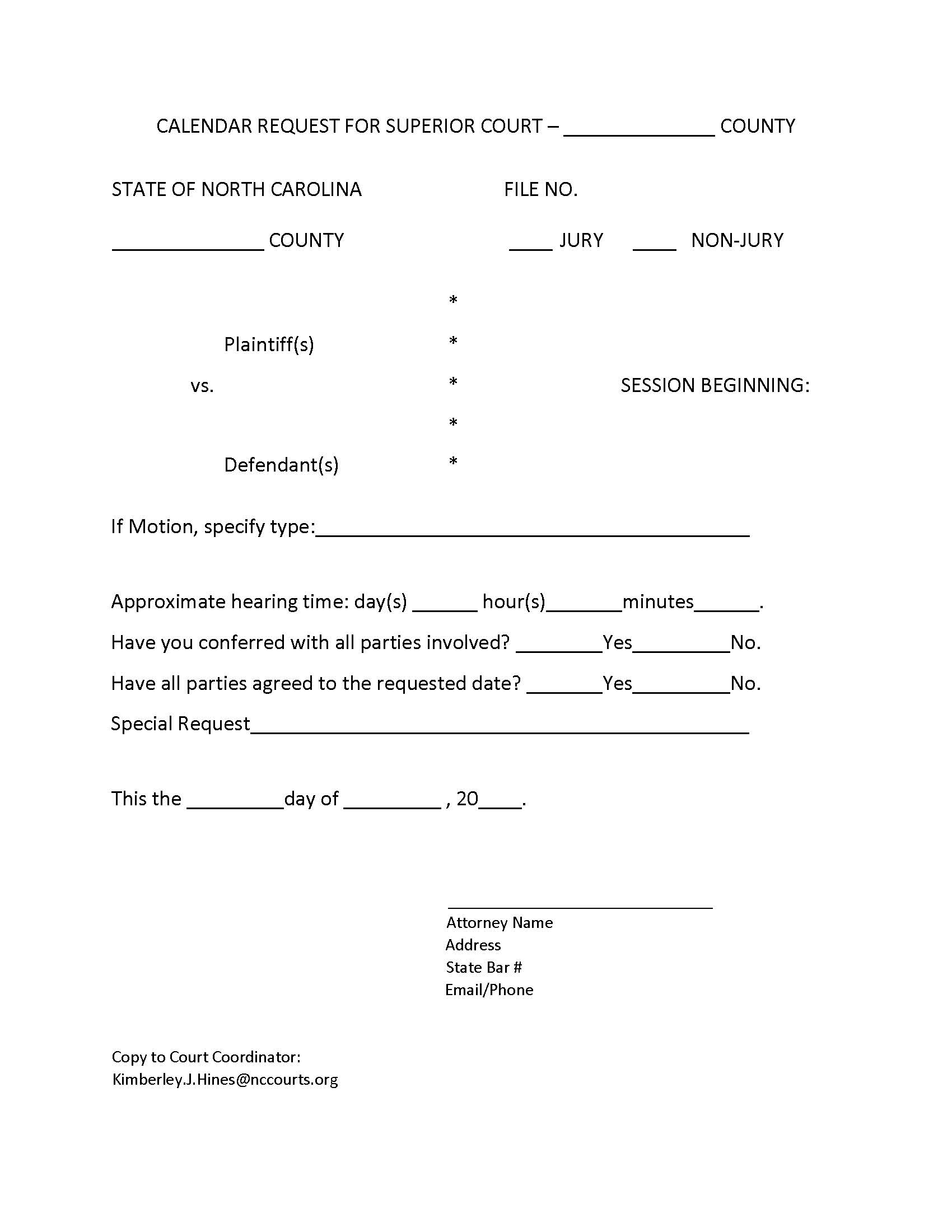 Calendar Request For Superior Court | Pdf Fpdf Doc Docx | North Carolina