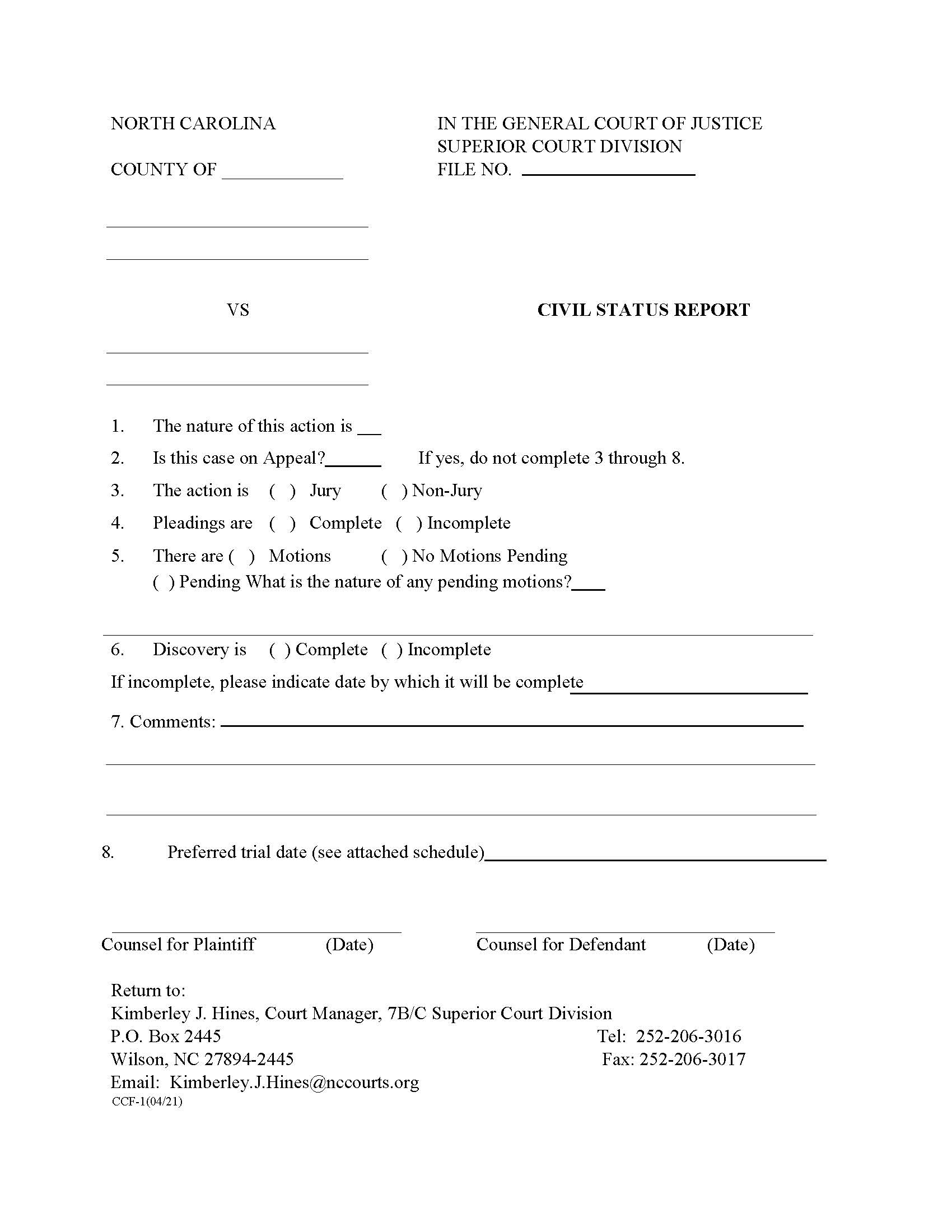 Civil Status Report {CCF-1} | Pdf Fpdf Doc Docx | North Carolina