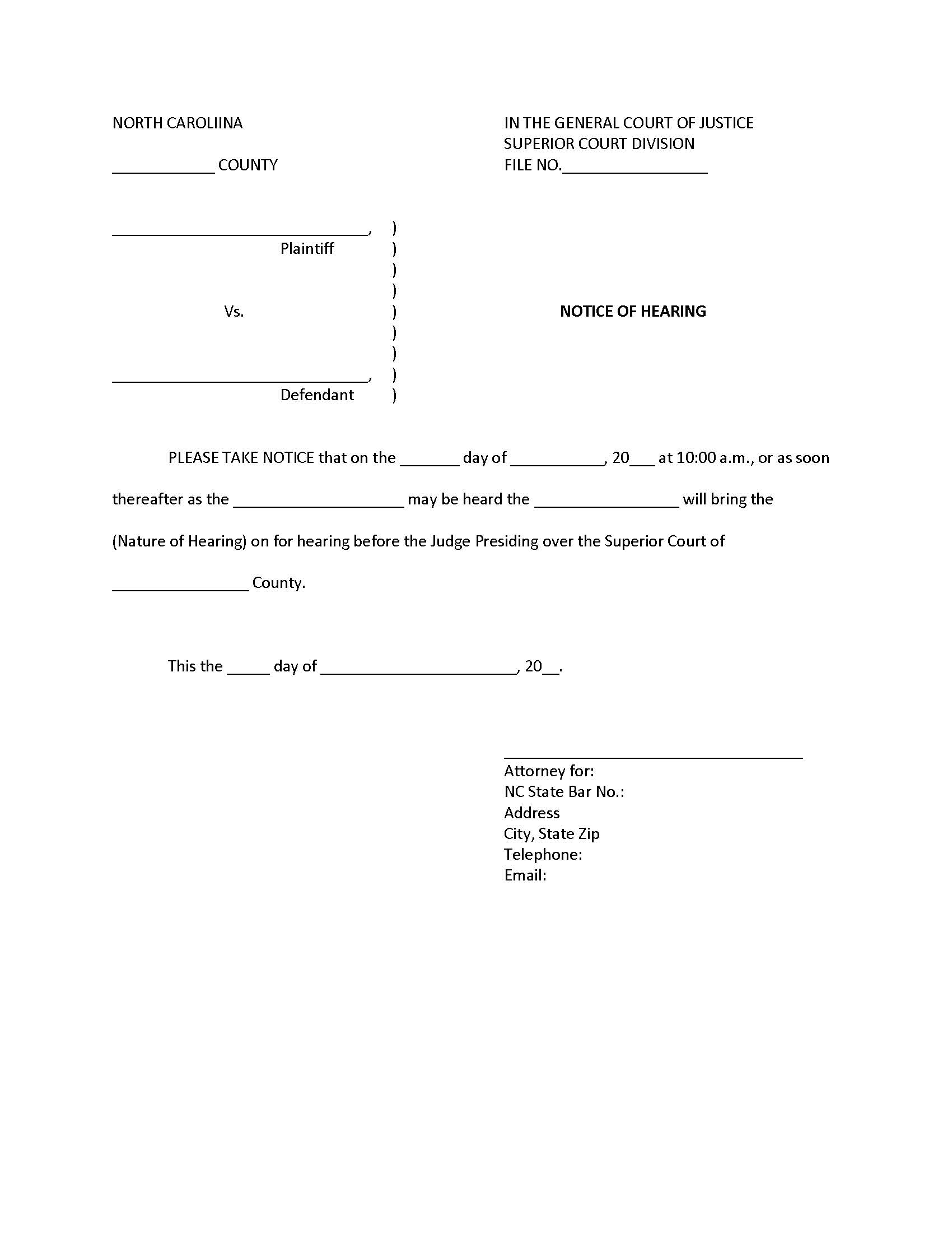 Notice Of Hearing | Pdf Fpdf Doc Docx | North Carolina