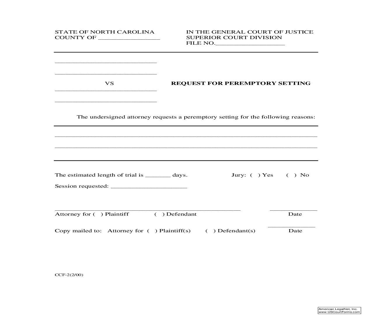 Request For Peremptory Setting {CCF-2} | Pdf Fpdf Doc Docx | North Carolina