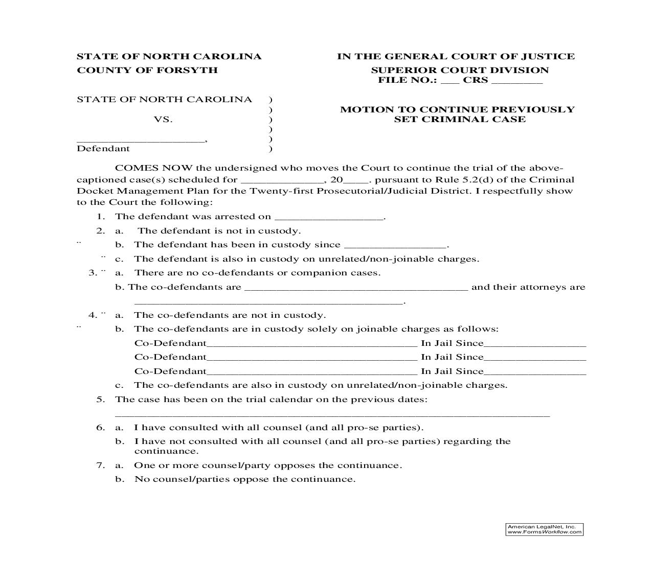 Motion To Continue Previously Set Criminal Case | Pdf Fpdf Doc Docx | North Carolina