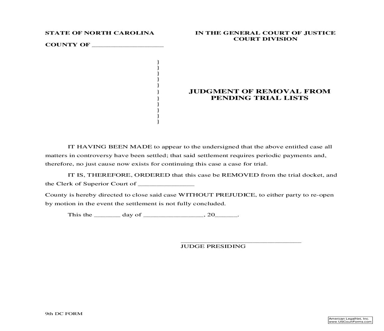 Judgment Of Removal From Pending Trial Lists | Pdf Fpdf Doc Docx | North Carolina