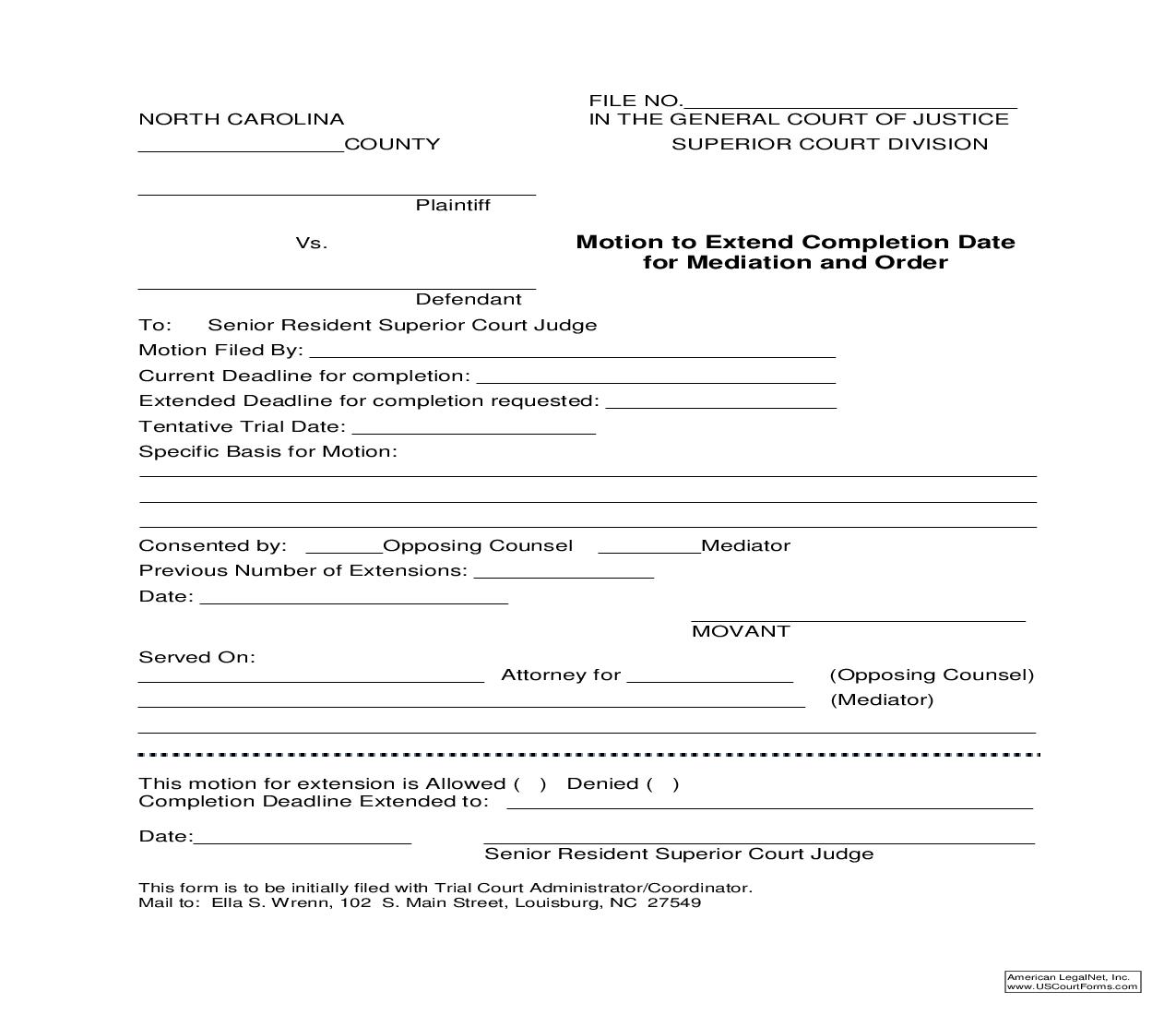 Motion To Extend Completion Date For Mediation And Order Superior Court | Pdf Fpdf Doc Docx | North Carolina