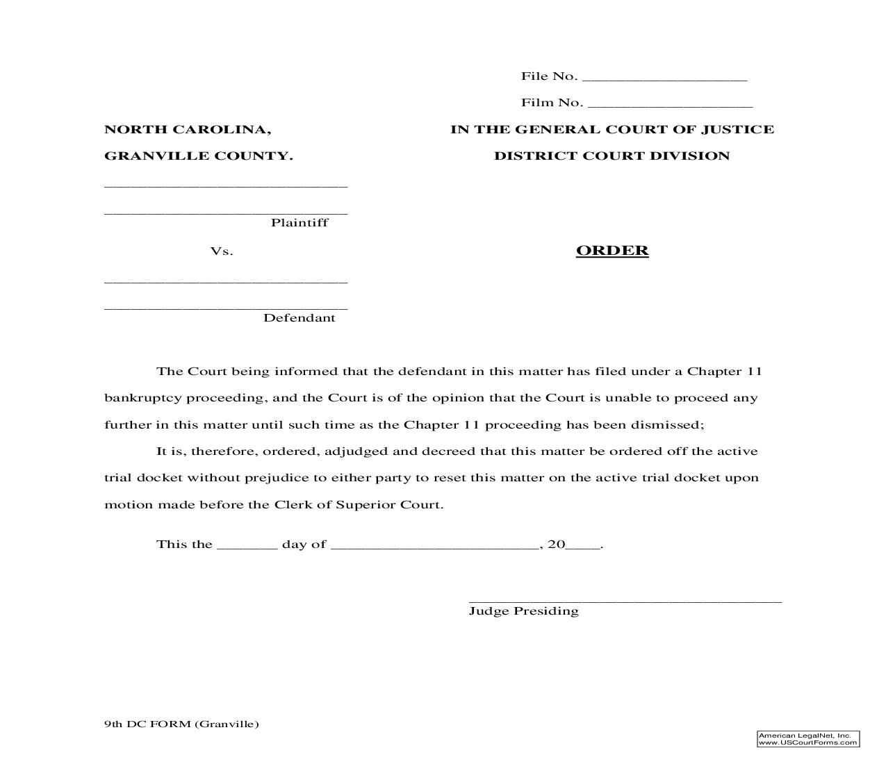 Order (Chapter 11) | Pdf Fpdf Doc Docx | North Carolina