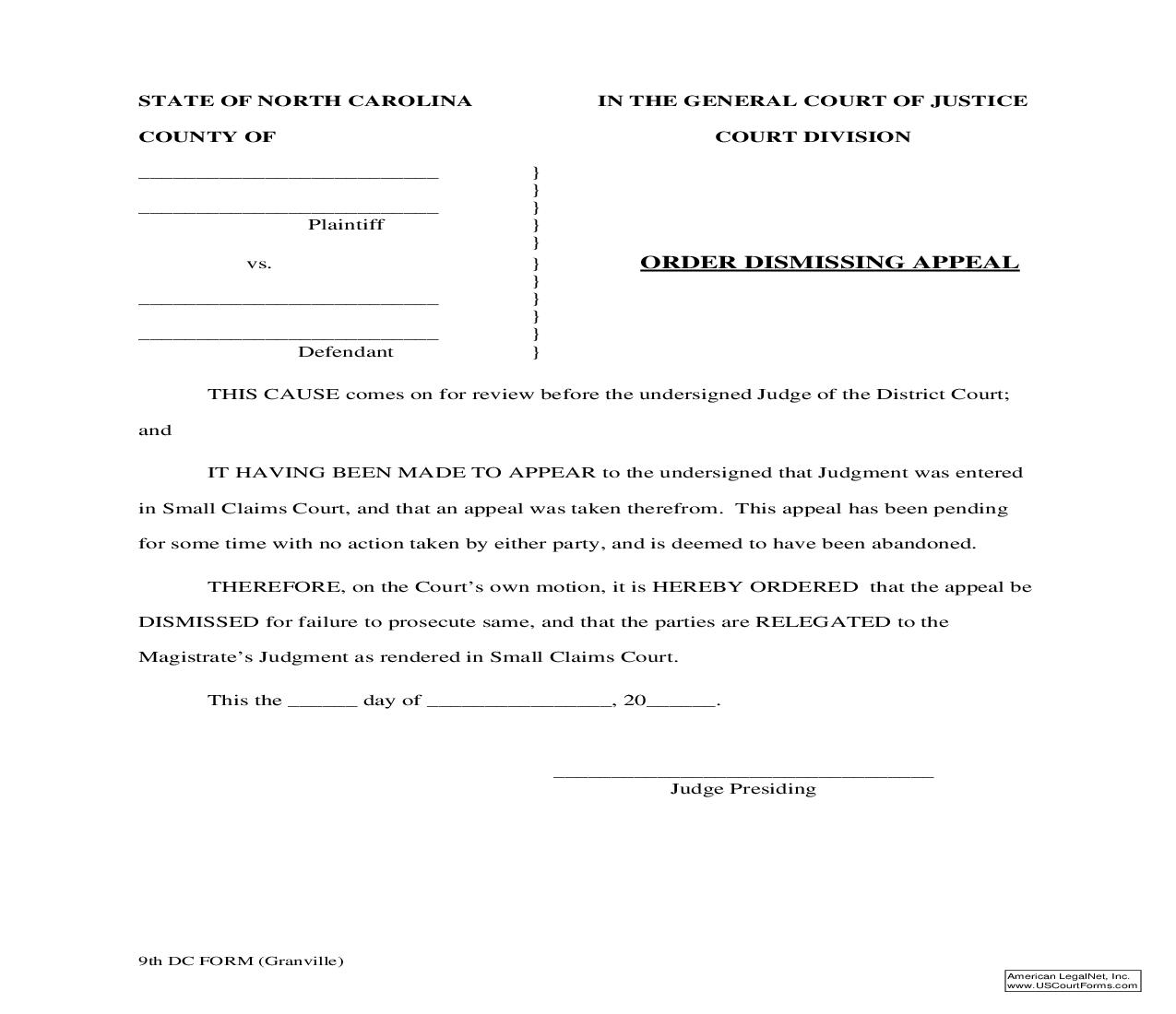 Order Dismissing Appeal | Pdf Fpdf Doc Docx | North Carolina