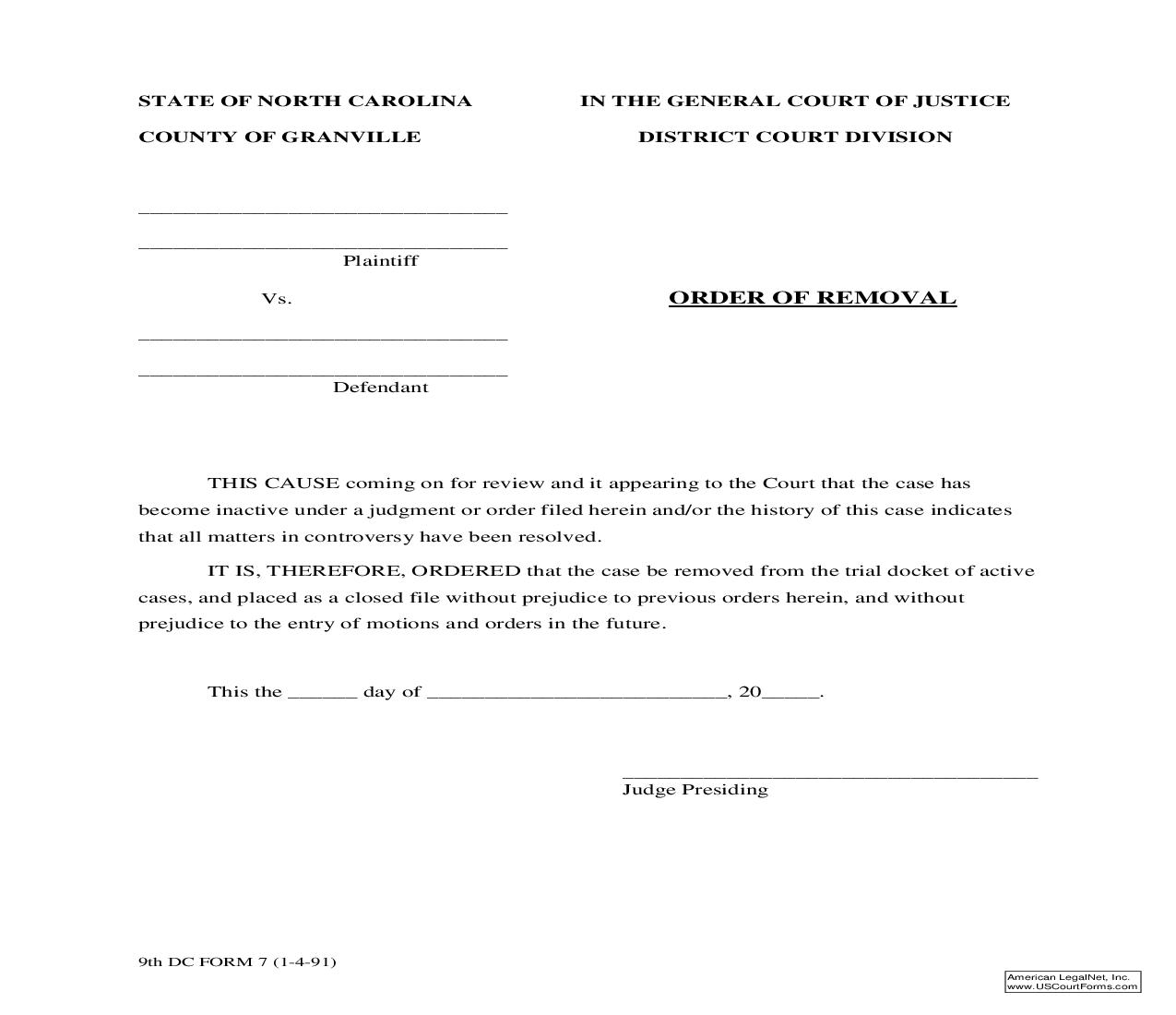 Order Of Removal | Pdf Fpdf Doc Docx | North Carolina