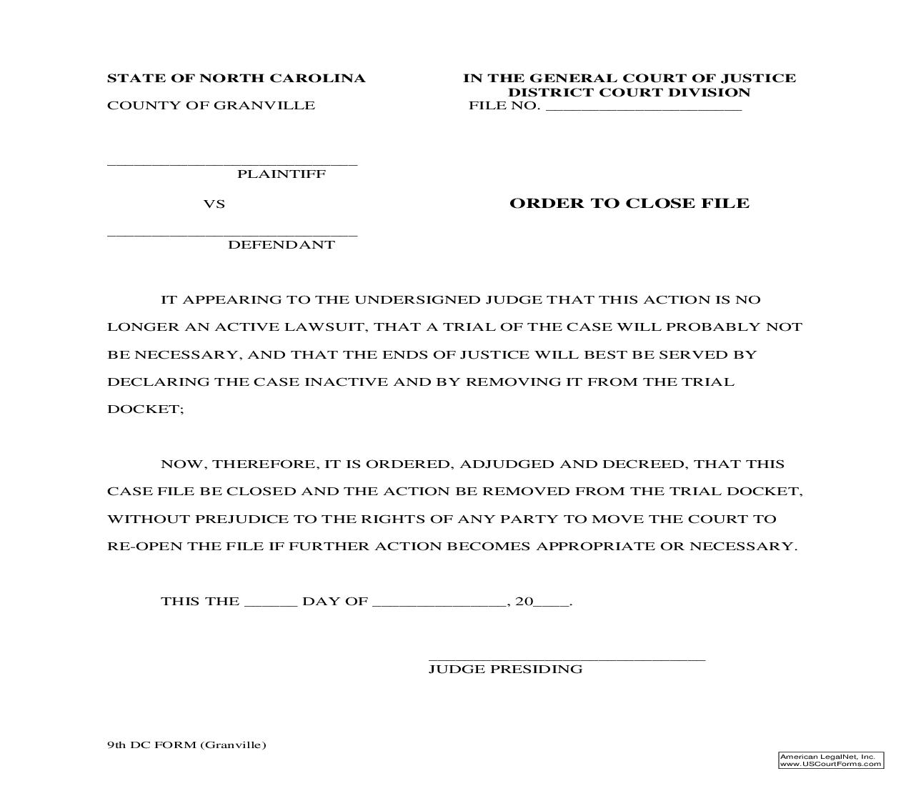 Order To Close File | Pdf Fpdf Doc Docx | North Carolina