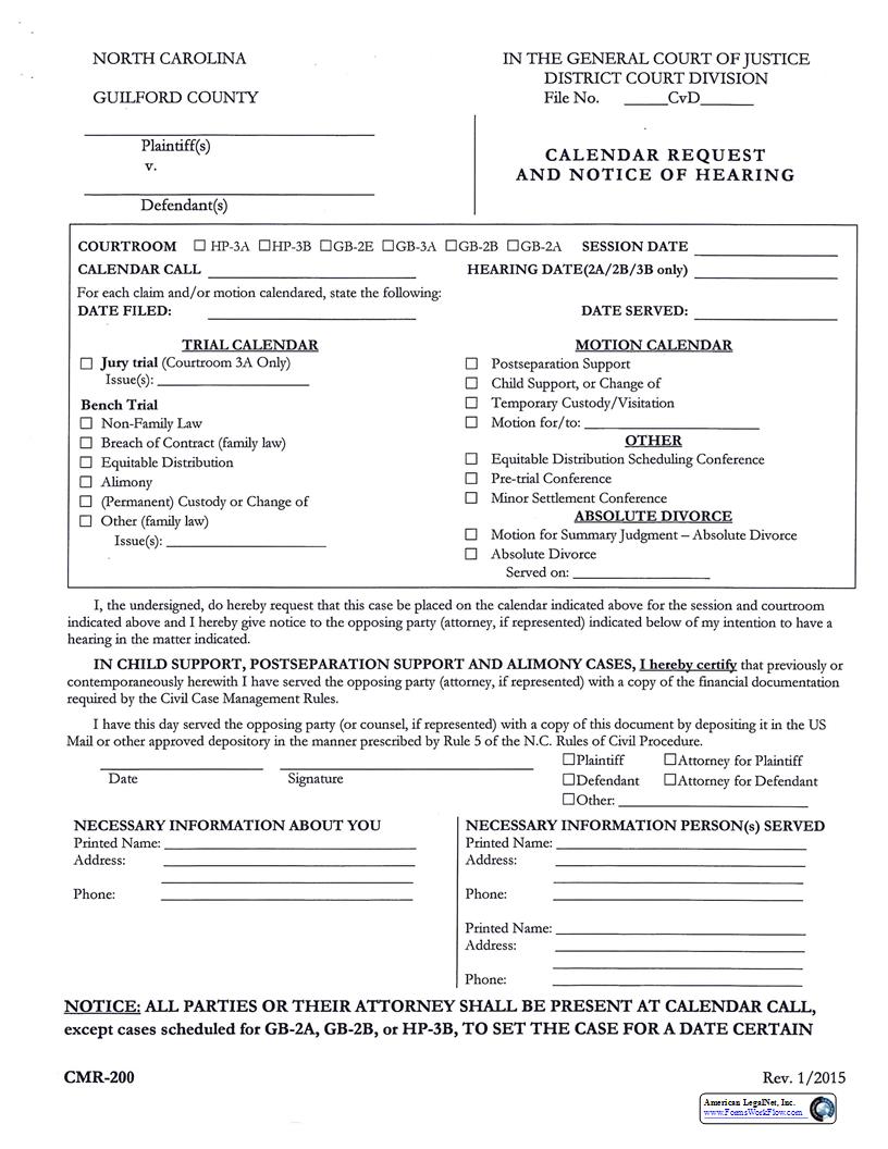Calendar Request And Notice Of Hearing {CMR-200} | Pdf Fpdf Docx | North Carolina