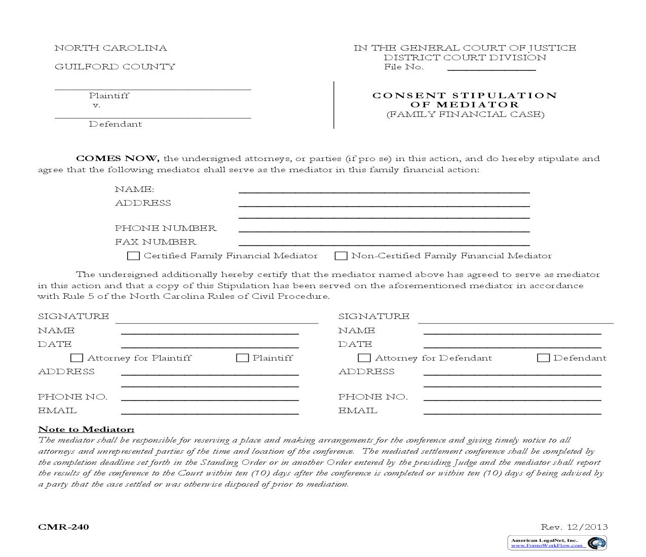 Consent Stipulation Of Mediator {CMR-240} | Pdf Fpdf Doc Docx | North Carolina