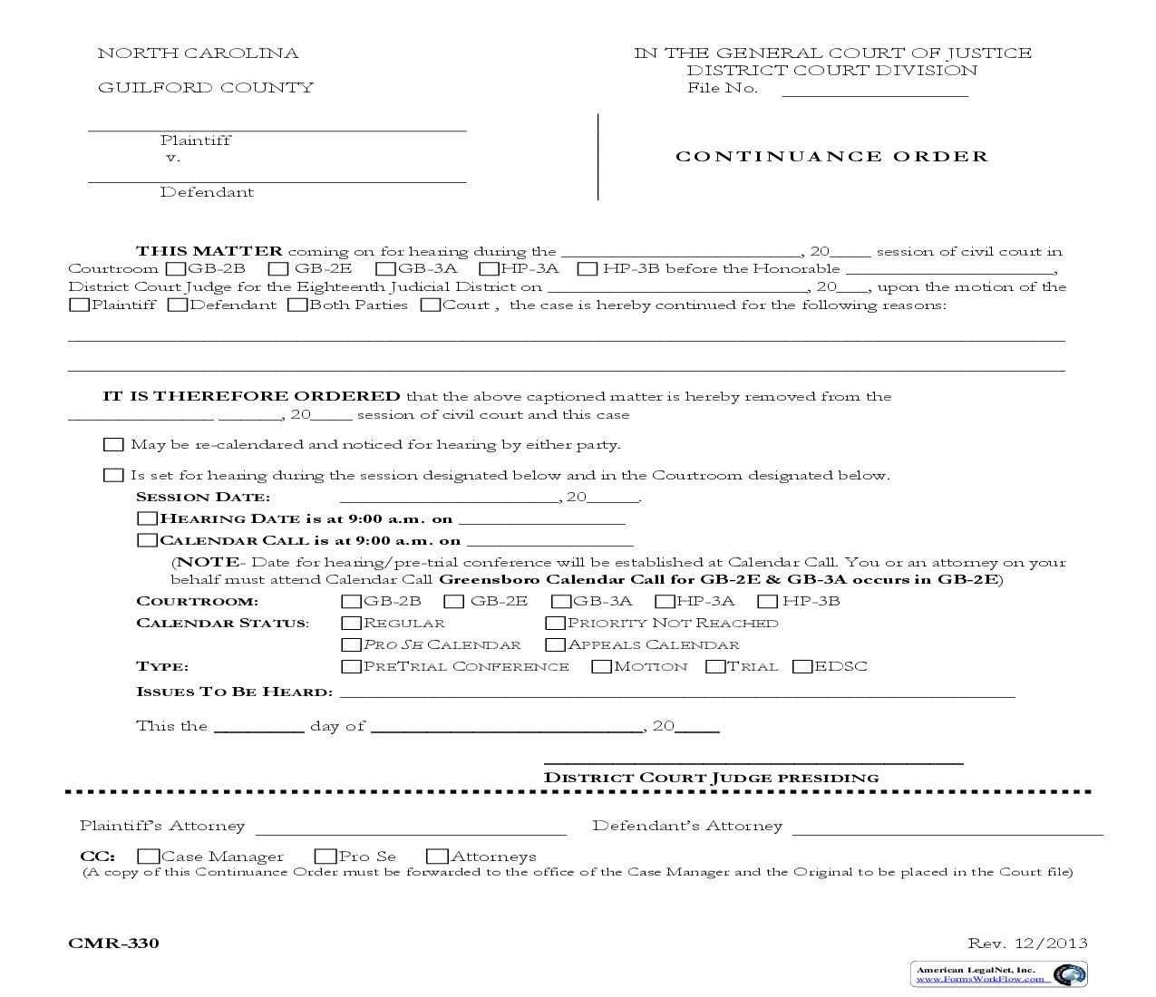 Continuance Order {CMR-330} | Pdf Fpdf Doc Docx | North Carolina