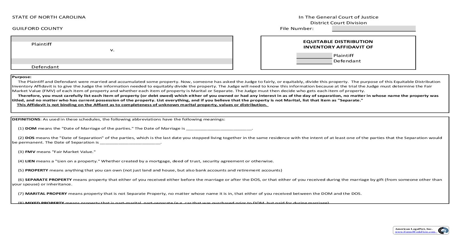 Equitable Distributuion Affidavit {CMR-230} | Pdf Fpdf Doc Docx | North Carolina