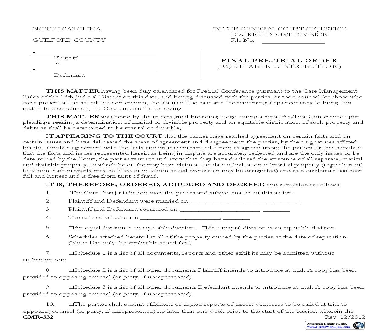 Final Pre Trial Order {CMR-332} | Pdf Fpdf Doc Docx | North Carolina