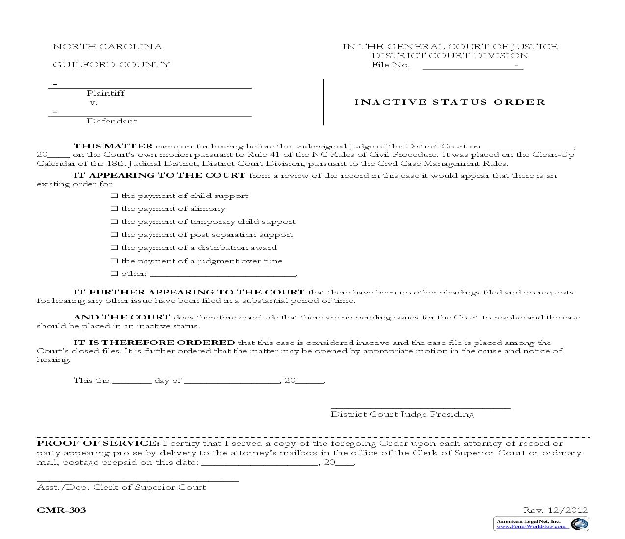 Inactive Status Order {CMR-303} | Pdf Fpdf Doc Docx | North Carolina