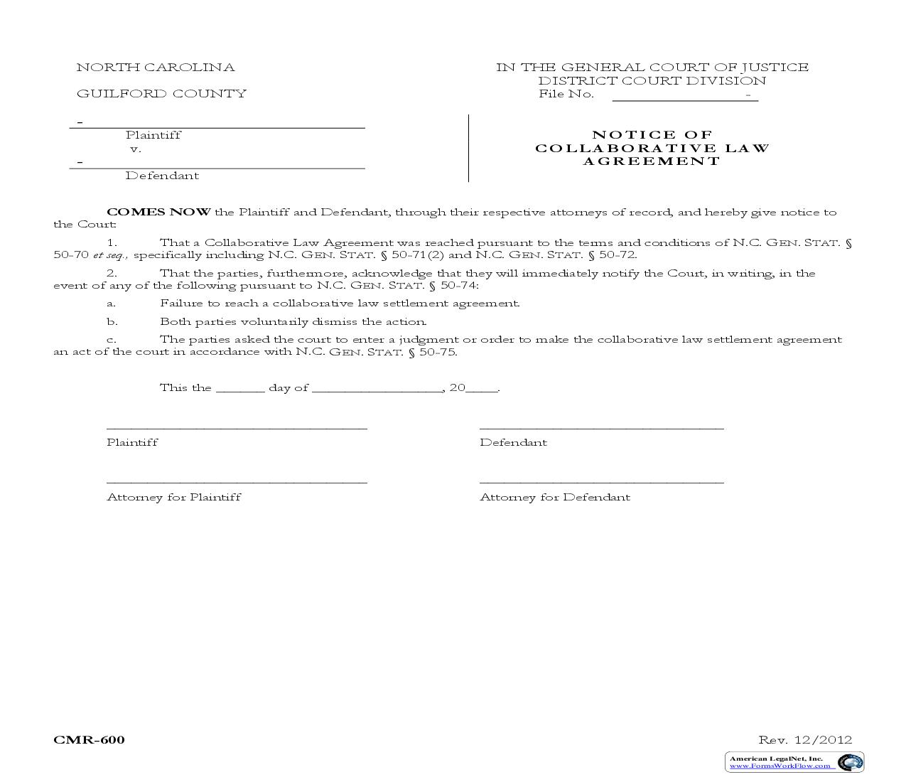 Notice Of Collaborative Law Agreement {CMR-600} | Pdf Fpdf Doc Docx | North Carolina