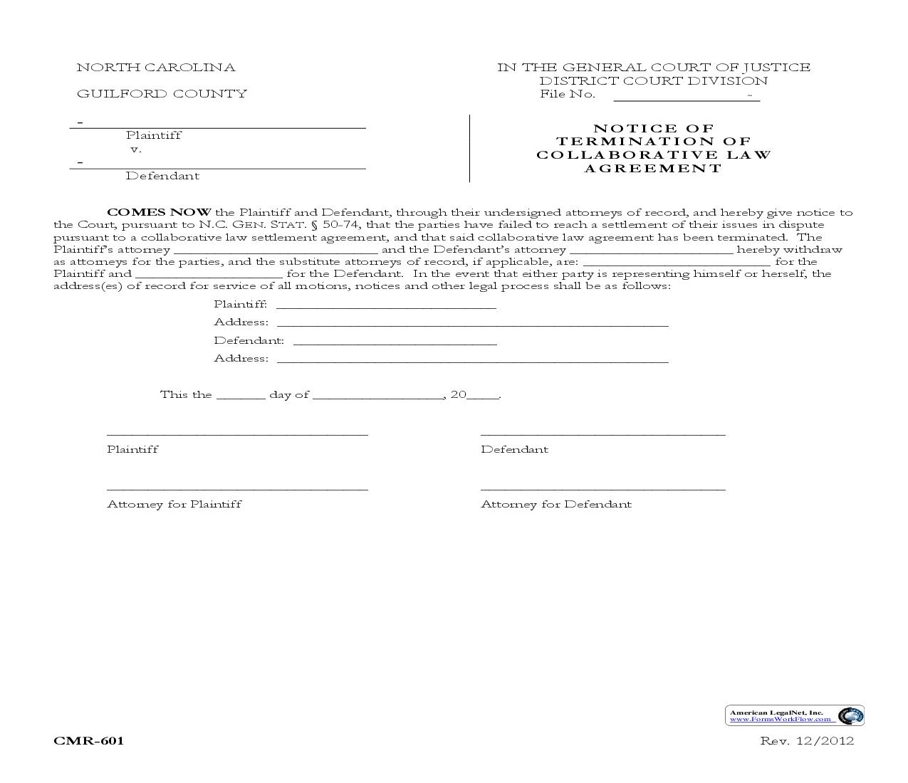 Notice Of Termination Of Collaborative Law Agreement {CMR-601} | Pdf Fpdf Doc Docx | North Carolina