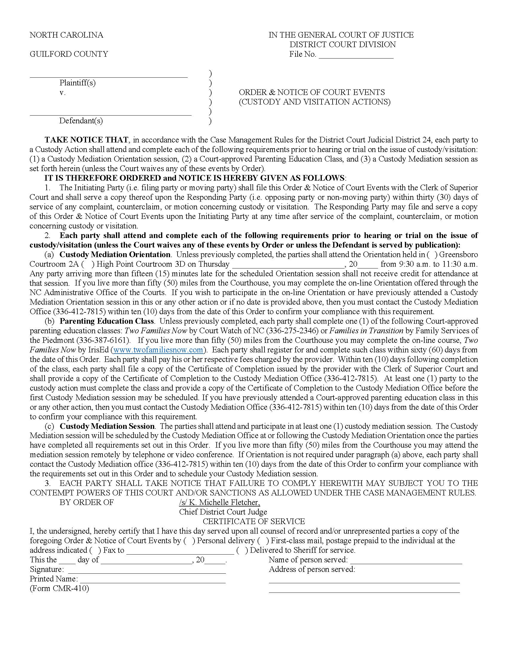 Order And Notice Of Court Events (Custody Actions) {CMR-410} | Pdf Fpdf Docx | North Carolina