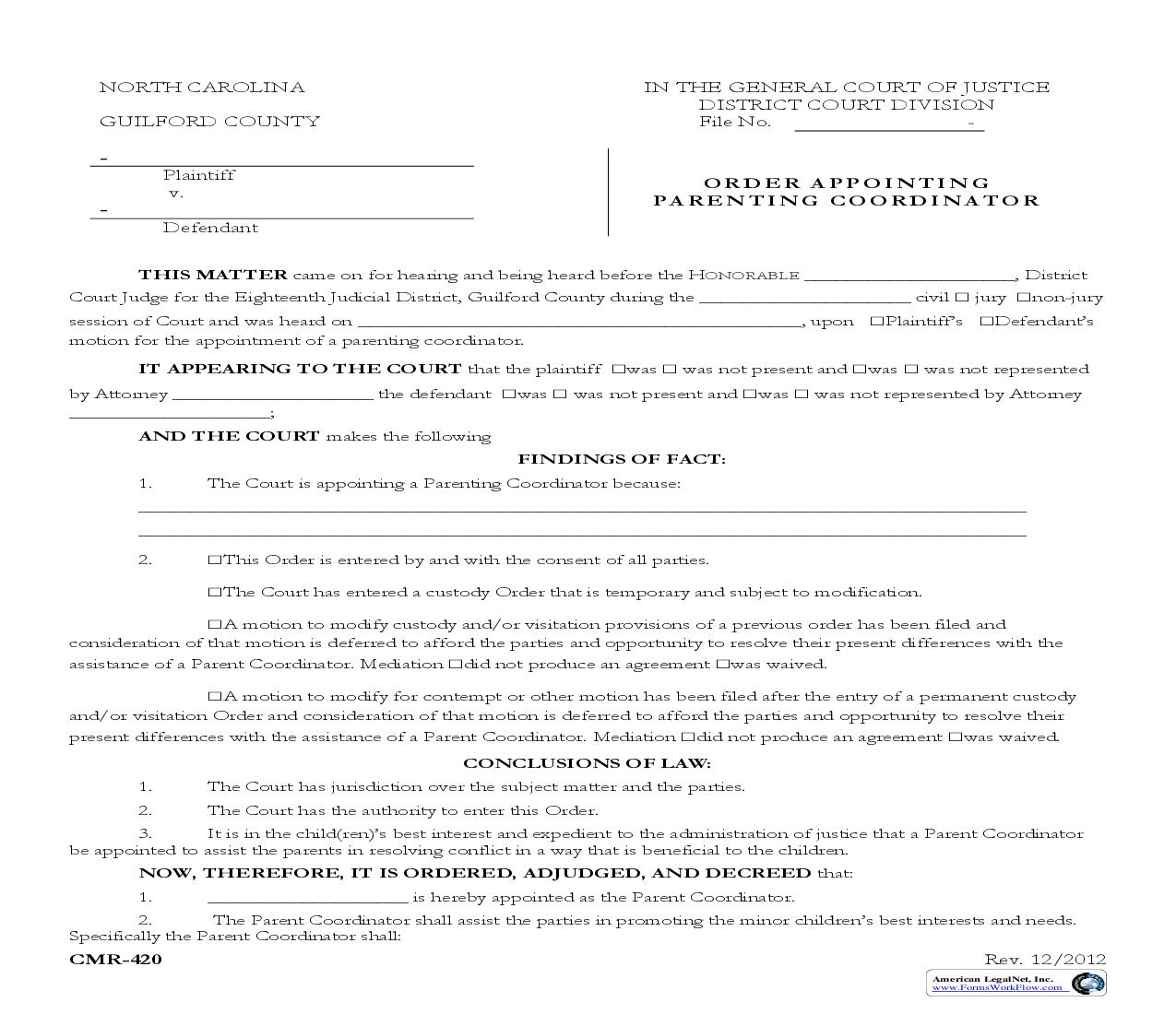 Order Appointing Parenting Coordinator {CMR-420} | Pdf Fpdf Doc Docx | North Carolina