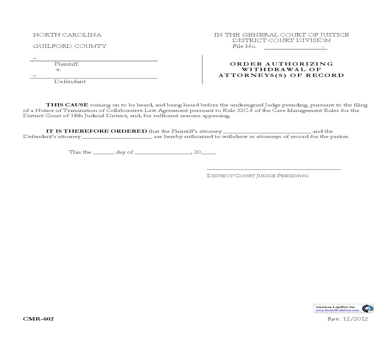 Order Authorizing Withdrawal Of Attorneys Of Record {CMR-602} | Pdf Fpdf Doc Docx | North Carolina
