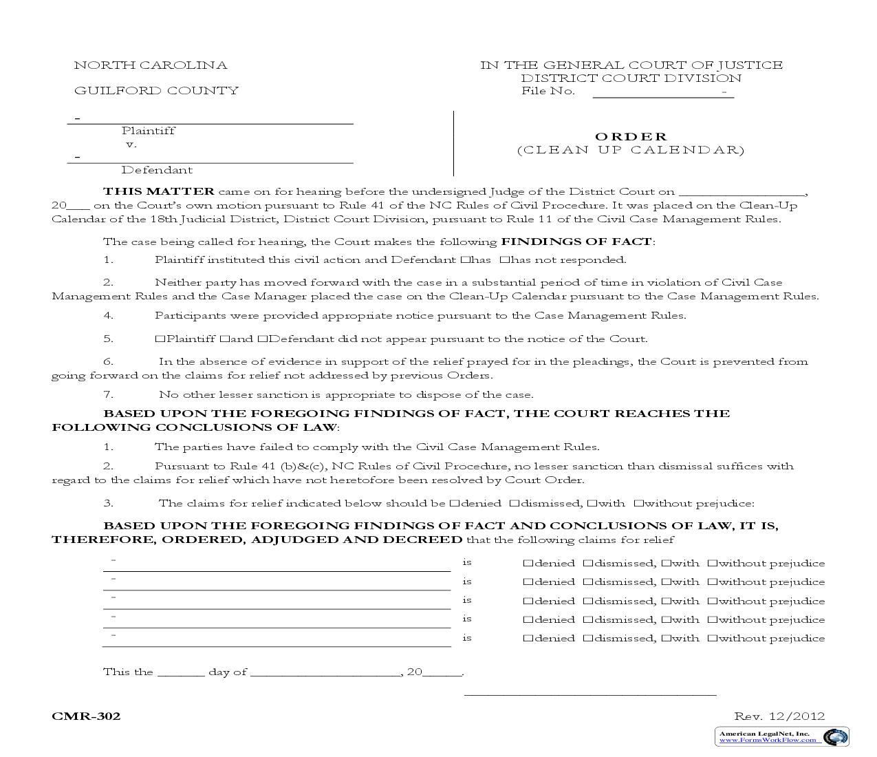 Order Clean Up Calendar {CRM-302} | Pdf Fpdf Doc Docx | North Carolina