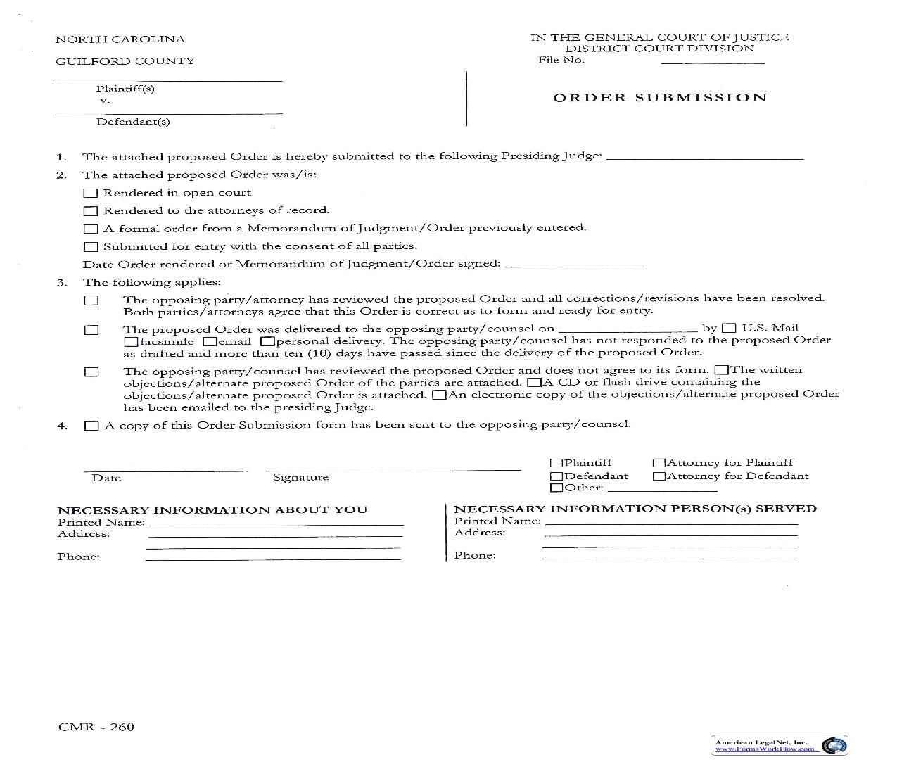 Order Submission {CMR-260} | Pdf Fpdf Doc Docx | North Carolina