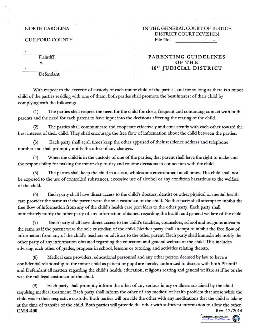 Parenting Guidelines {CMR-400} | Pdf Fpdf Docx | North Carolina