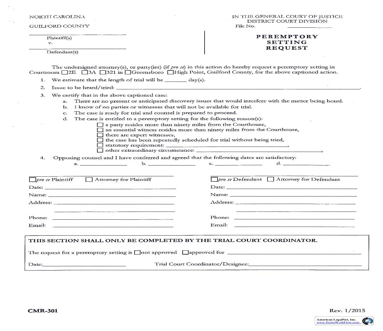 Peremptory Setting Request {CMR-301} | Pdf Fpdf Doc Docx | North Carolina