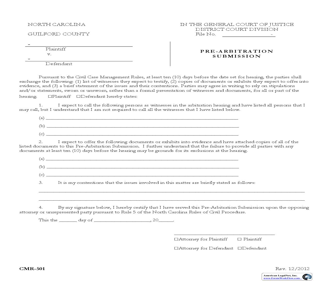 Pre Arbitration Submission {CMR-501} | Pdf Fpdf Doc Docx | North Carolina