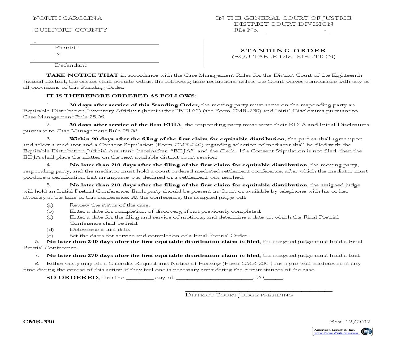Standing Order Equitable Distribution {CMR-330} | Pdf Fpdf Doc Docx | North Carolina