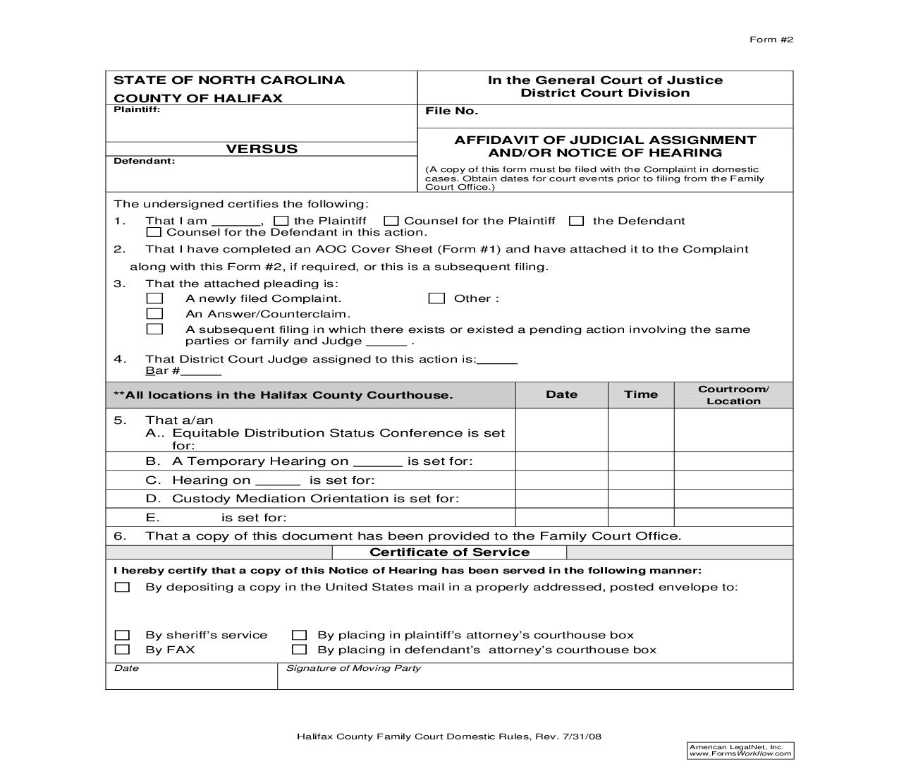 Affidavit Of Judicial Assignment And Or Notice Of Hearing {2} | Pdf Fpdf Doc Docx | North Carolina