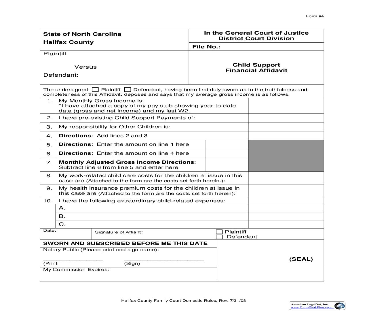 Child Support Financial Affidavit {4} | Pdf Fpdf Doc Docx | North Carolina