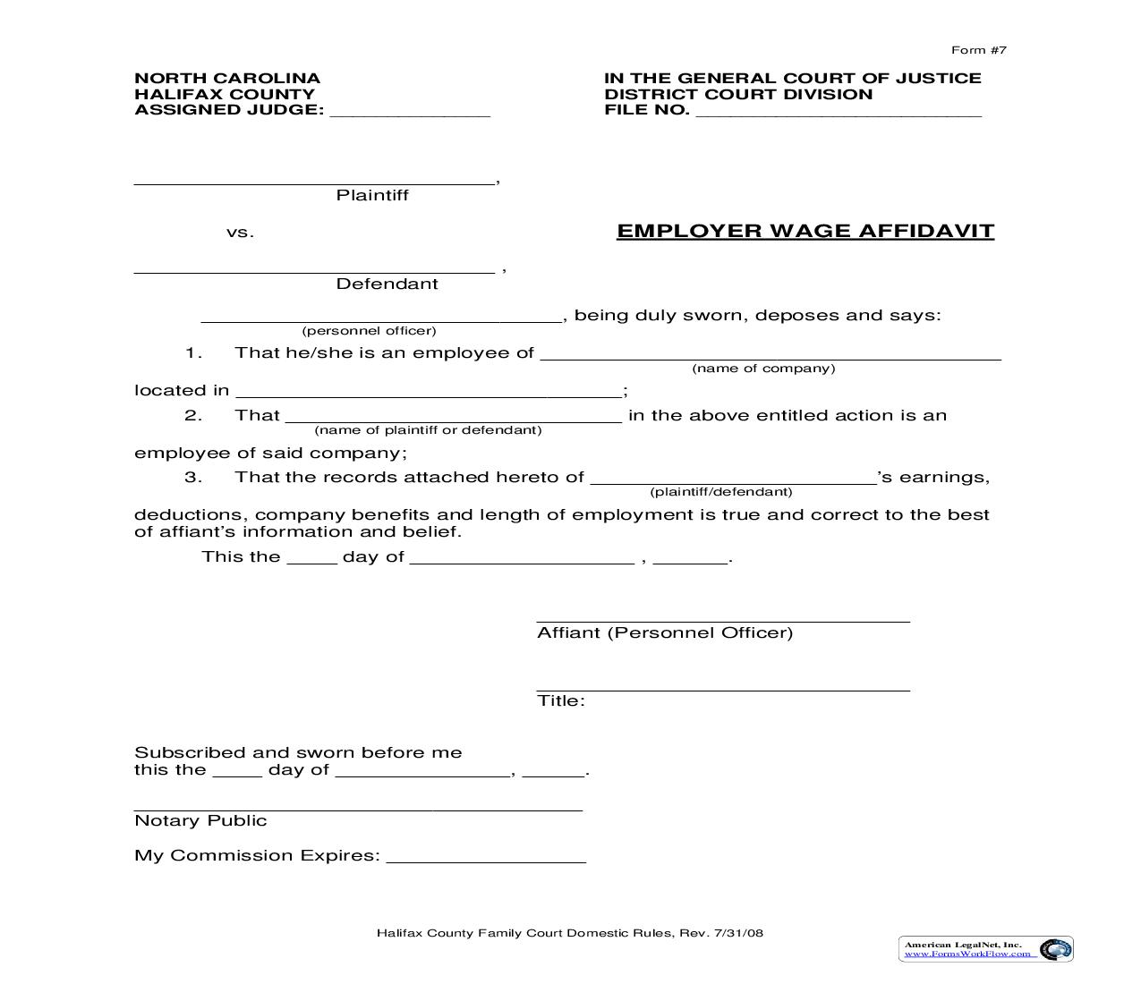 Employer Wage Affidavit {7} | Pdf Fpdf Doc Docx | North Carolina