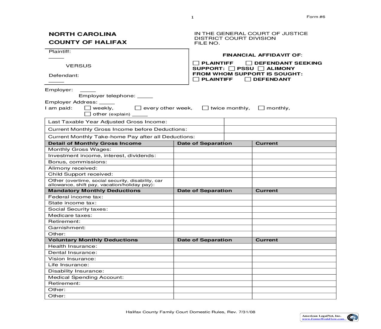 Financial Affidavit Of Plaintiff Or Defendant {6} | Pdf Fpdf Doc Docx | North Carolina