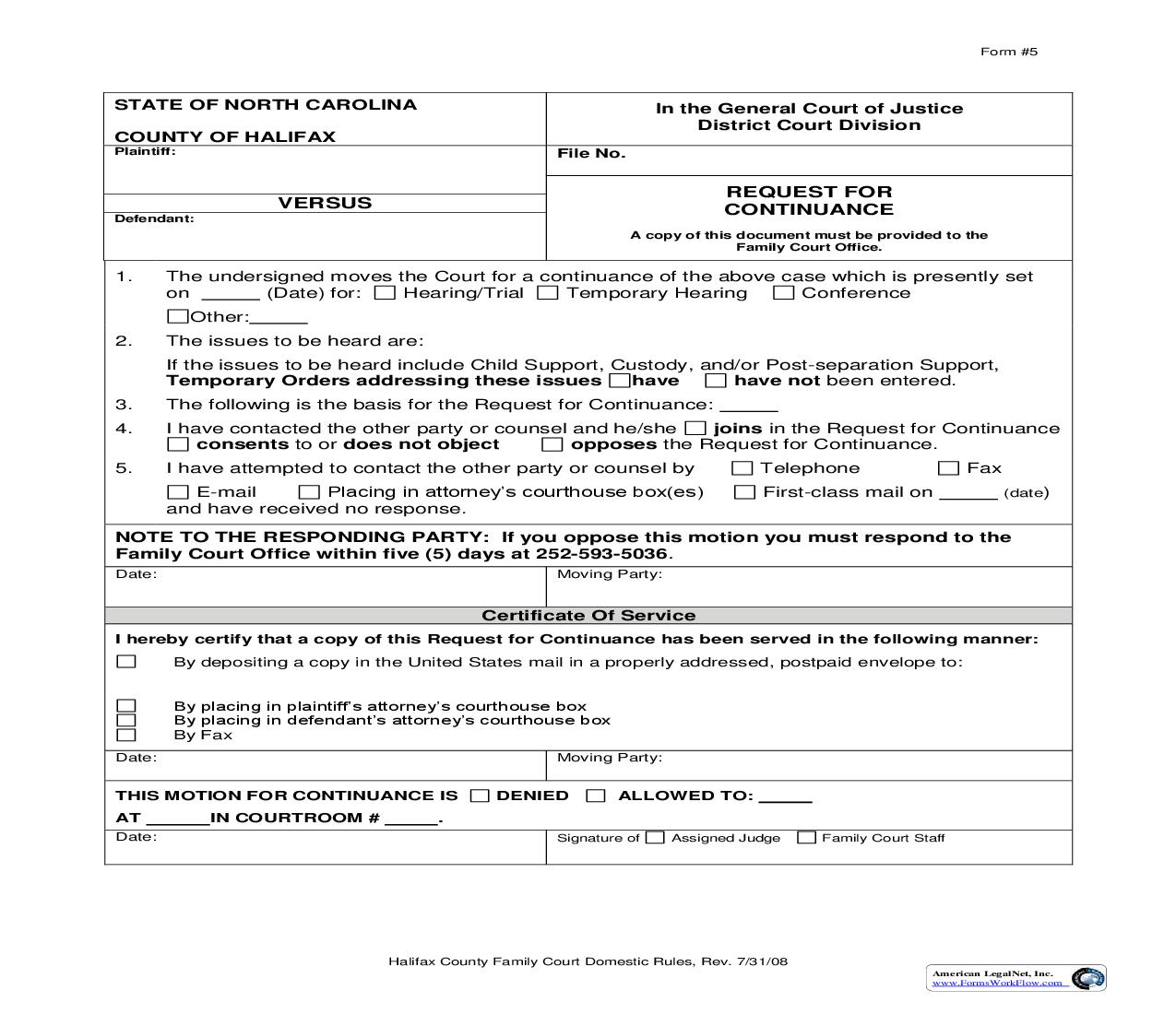 Request For Continuance  {5} | Pdf Fpdf Doc Docx | North Carolina