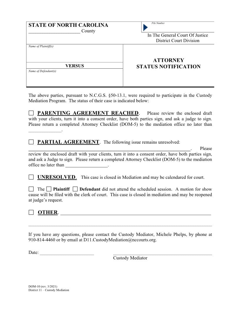 Attorney Status Notification {DOM-10} | Pdf Fpdf Doc Docx | North Carolina
