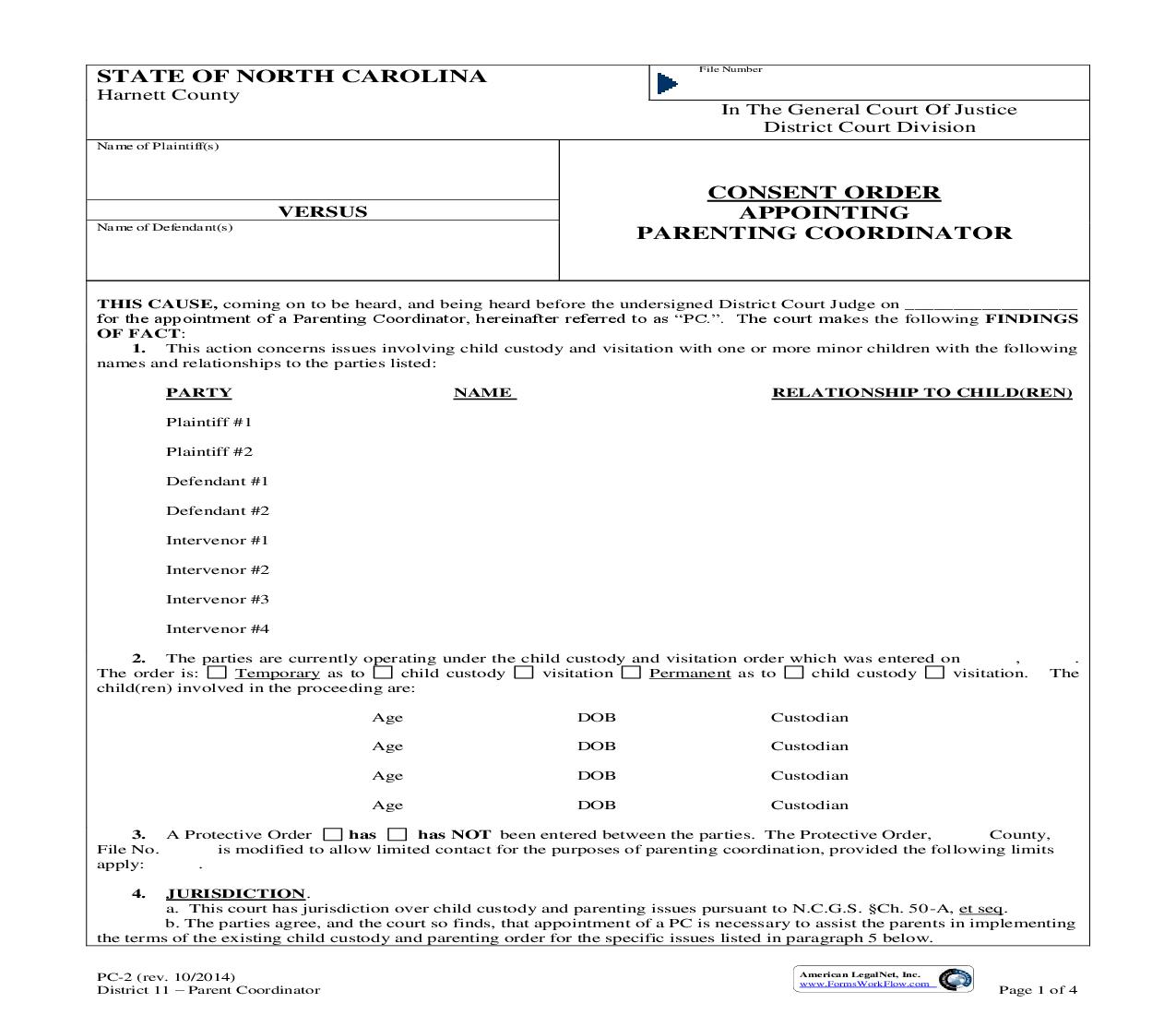 Consent Order Appointing Parenting Coordinator {PC-2} | Pdf Fpdf Doc Docx | North Carolina