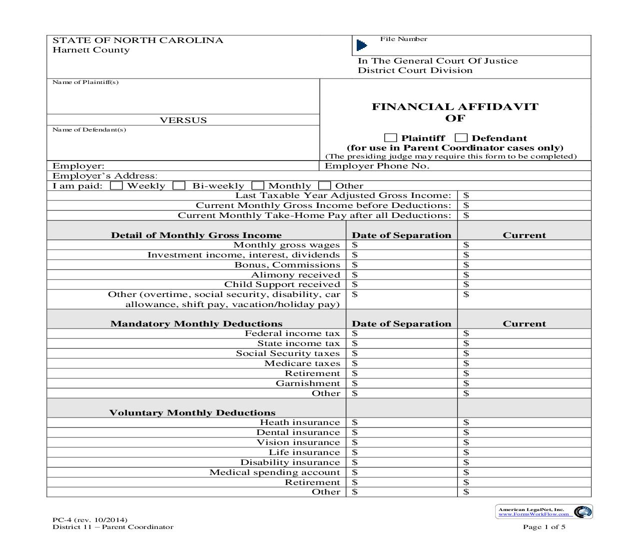 Financial Affidavit {PC-4} | Pdf Fpdf Doc Docx | North Carolina