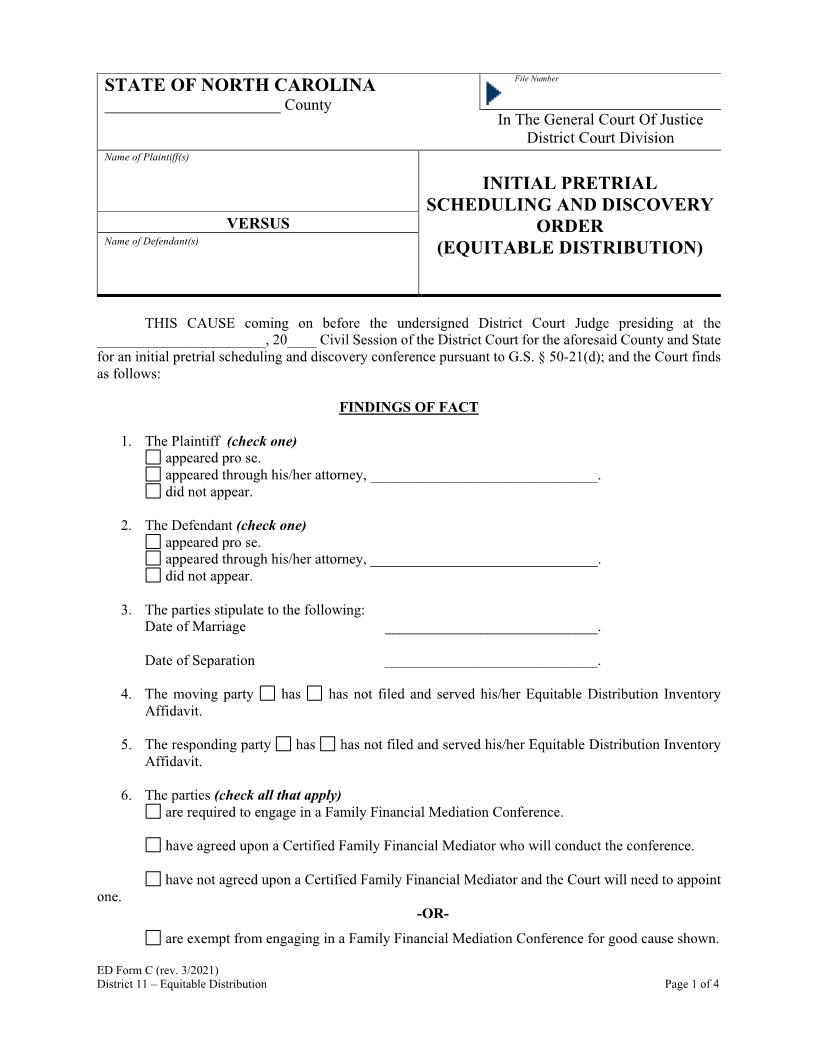 Initial Pretrial Scheduling And Discovery Order {C} | Pdf Fpdf Doc Docx | North Carolina