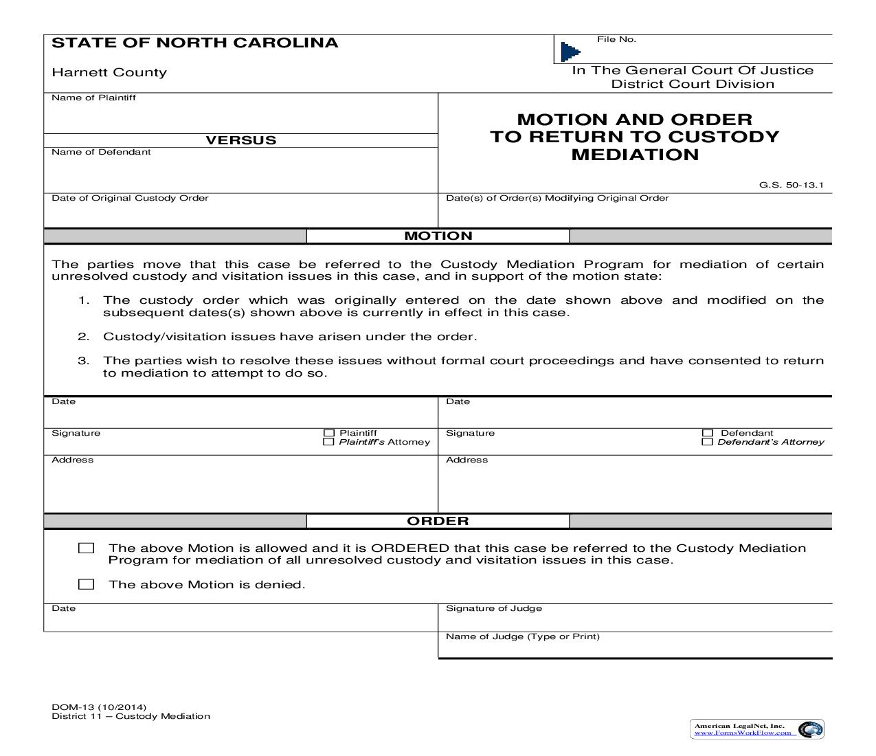 Motion And Order To Return To Custody Mediation {13} | Pdf Fpdf Doc Docx | North Carolina