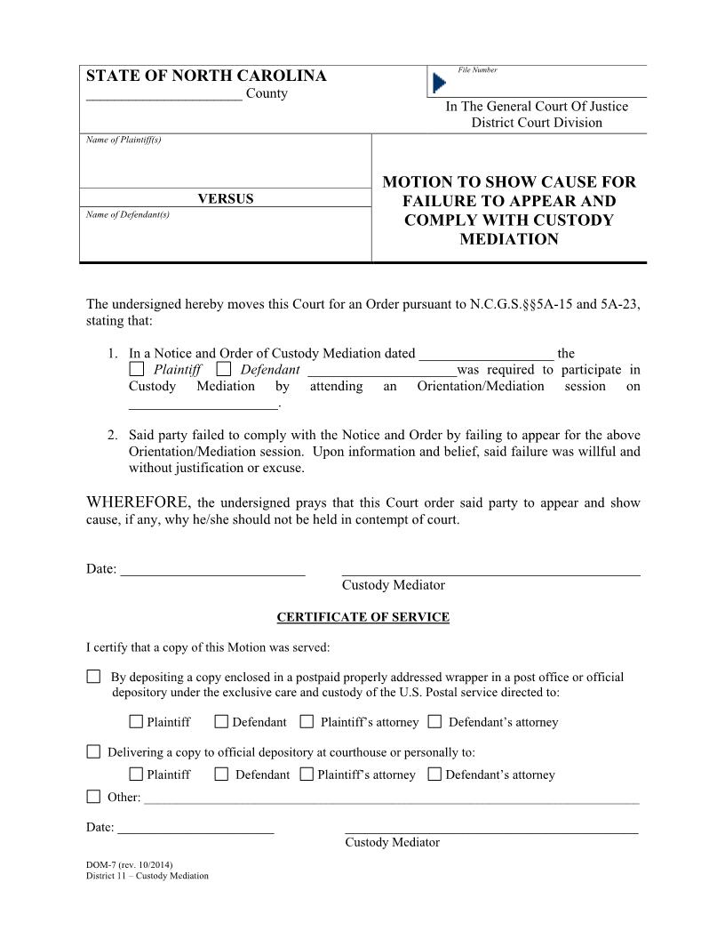 Motion To Show Cause For Failure To Appear And Comply With Custody Mediation {DOM-7} | Pdf Fpdf Doc Docx | North Carolina