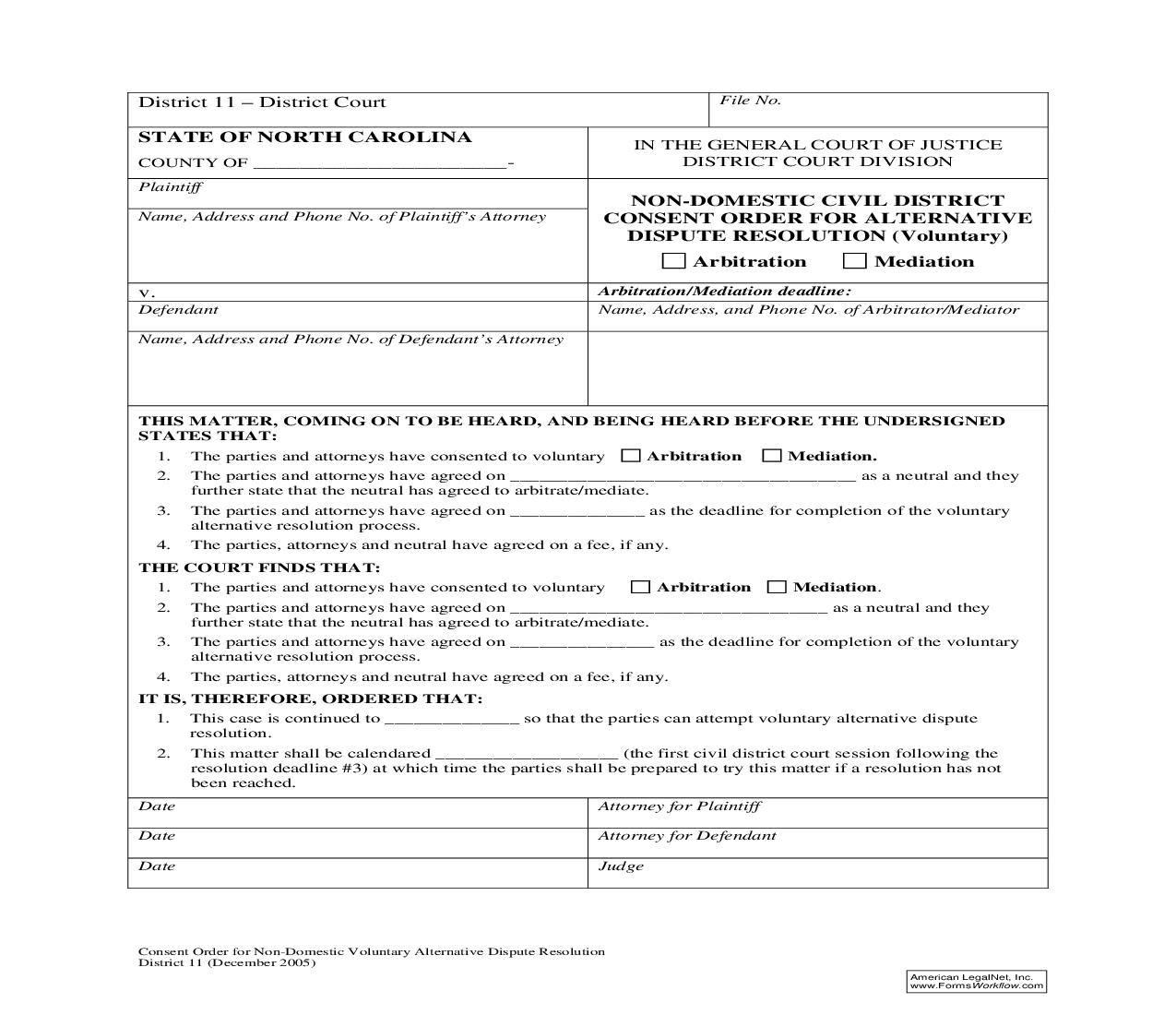 Non-Domestic Civil District Consent Order For Alternative Dispute Resolution | Pdf Fpdf Doc Docx | North Carolina