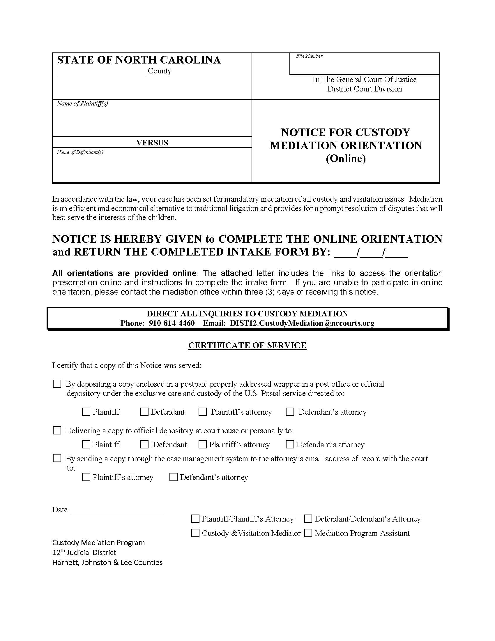 Notice For Custody Mediation Orientation {DOM-2} | Pdf Fpdf Docx | North Carolina