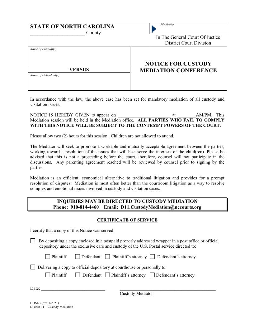 Notice Of Custody Mediation Conference {DOM-3} | Pdf Fpdf Doc Docx | North Carolina