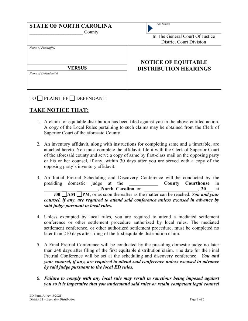 Notice Of Equitable Distribution Hearings {A} | Pdf Fpdf Doc Docx | North Carolina