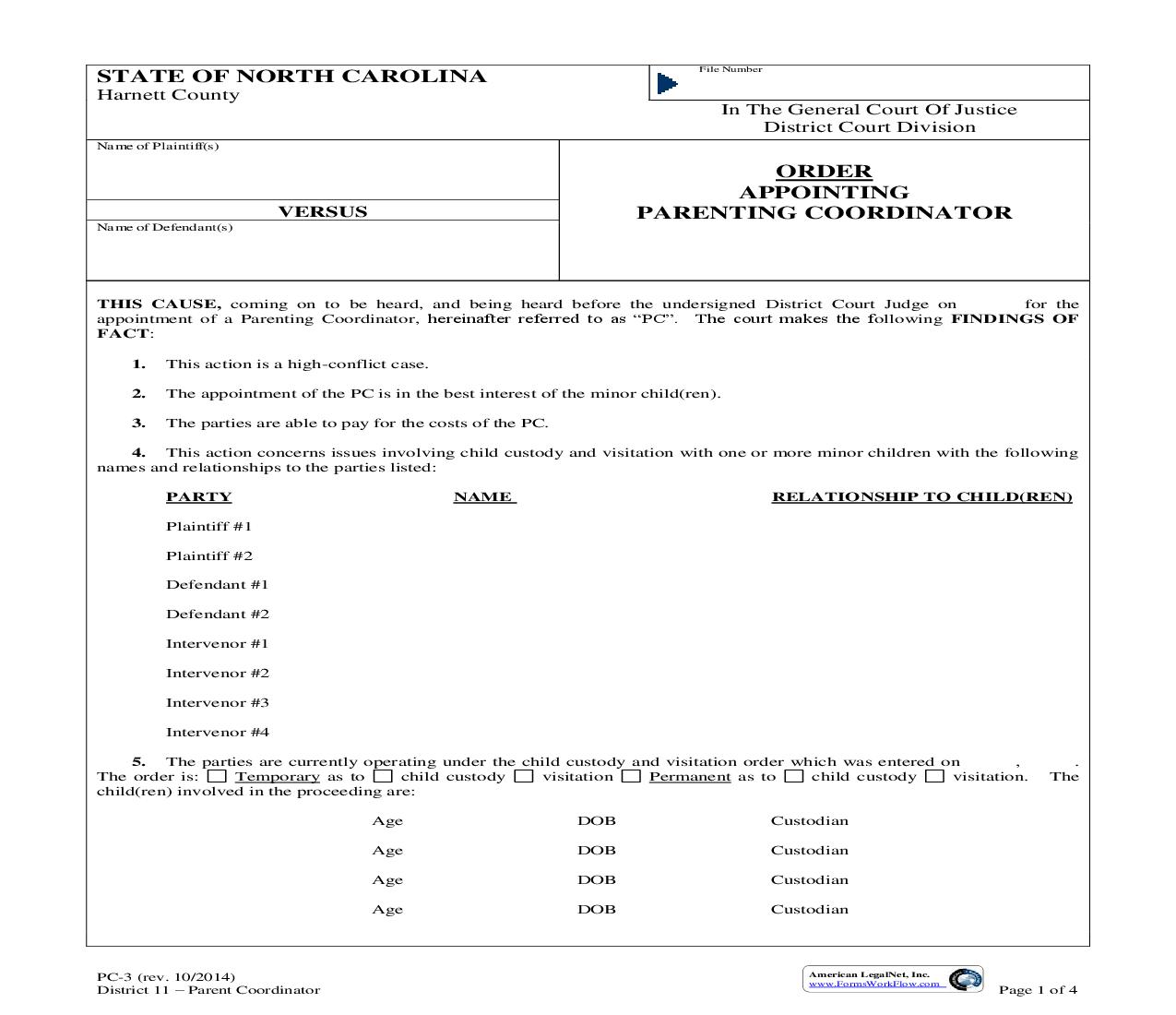Order Appointing Parenting Coordinator {PC-3} | Pdf Fpdf Doc Docx | North Carolina