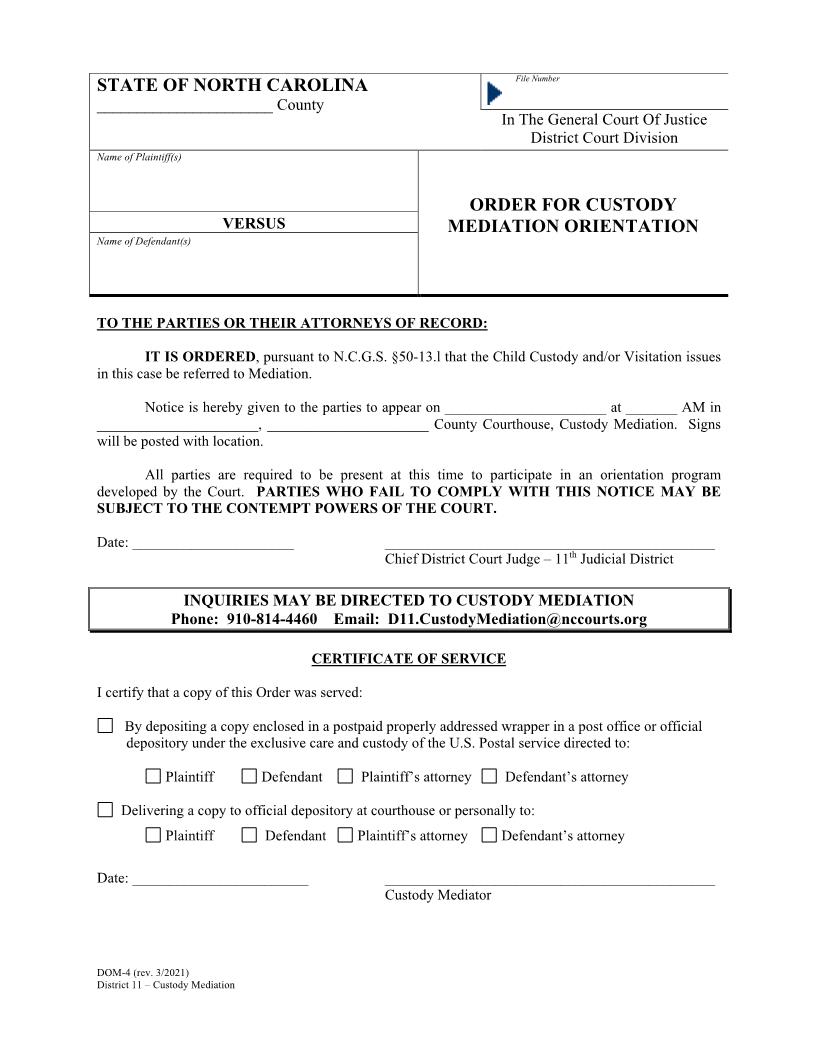Order For Custody Mediation Orientation {DOM-4} | Pdf Fpdf Doc Docx | North Carolina