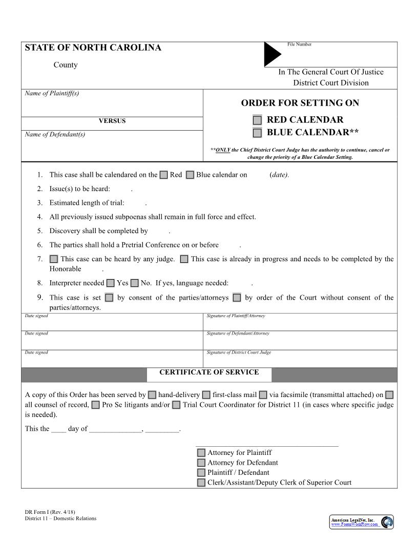 Order For Setting On Calendar {I} | Pdf Fpdf Docx | North Carolina