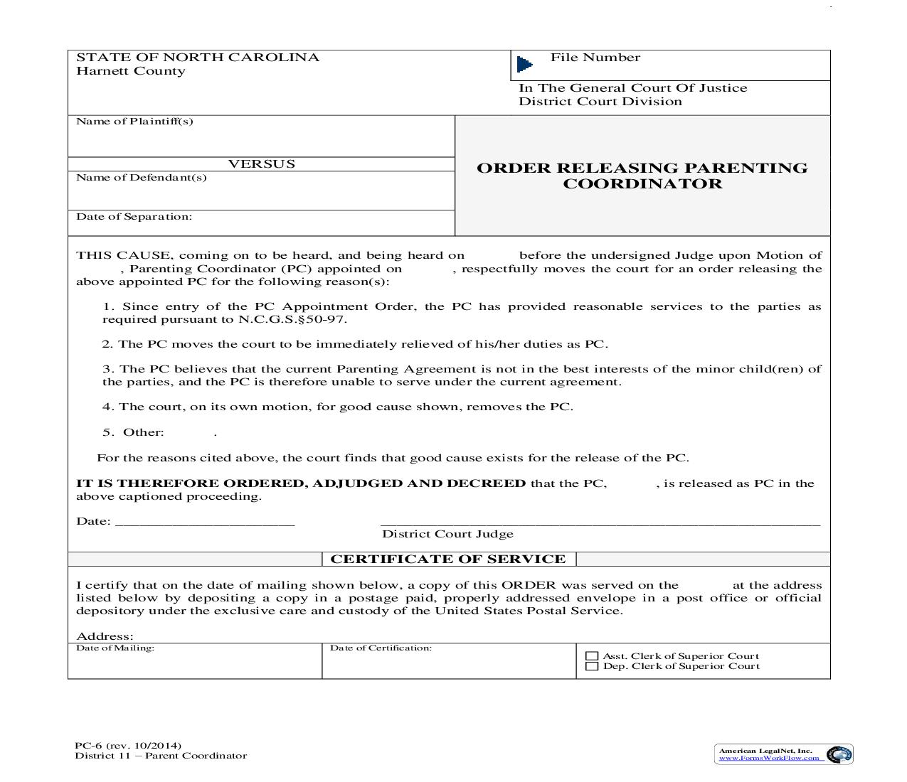 Order Releasing Parenting Coordinator {PC-6} | Pdf Fpdf Doc Docx | North Carolina